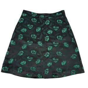 J Crew Emmie Skirt Size 0 Black Green Holiday Jacquard Floral A Line Above Knee